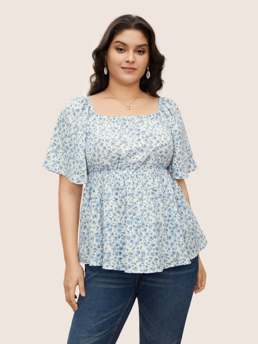 Ditsy Floral Ruffle Sleeve Shirred Square Neck Blouse